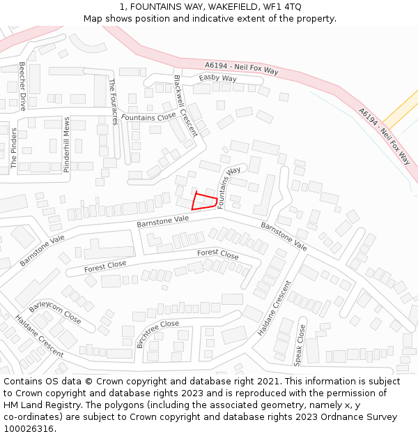 1, FOUNTAINS WAY, WAKEFIELD, WF1 4TQ: Location map and indicative extent of plot