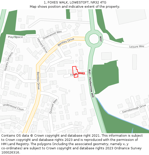 1, FOXES WALK, LOWESTOFT, NR32 4TG: Location map and indicative extent of plot