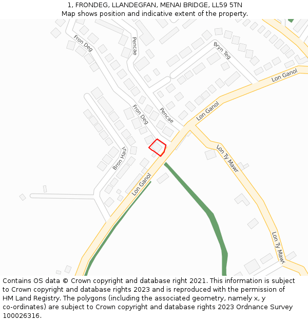 1, FRONDEG, LLANDEGFAN, MENAI BRIDGE, LL59 5TN: Location map and indicative extent of plot