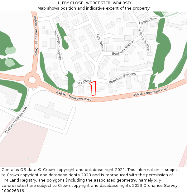 1, FRY CLOSE, WORCESTER, WR4 0SD: Location map and indicative extent of plot