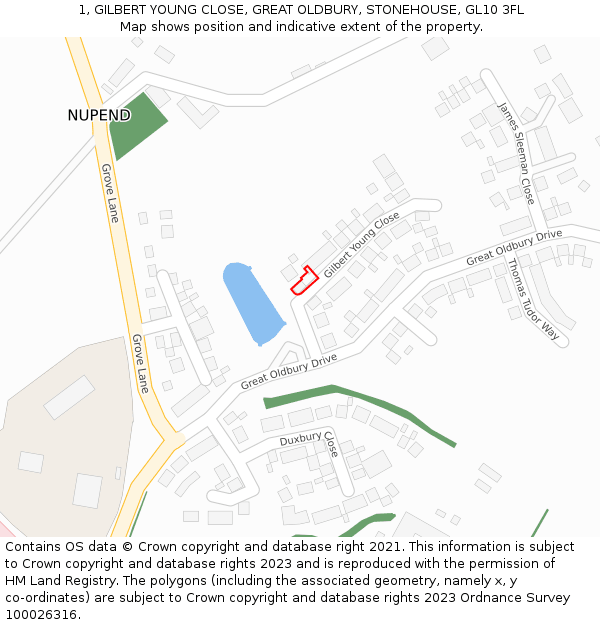 1, GILBERT YOUNG CLOSE, GREAT OLDBURY, STONEHOUSE, GL10 3FL: Location map and indicative extent of plot