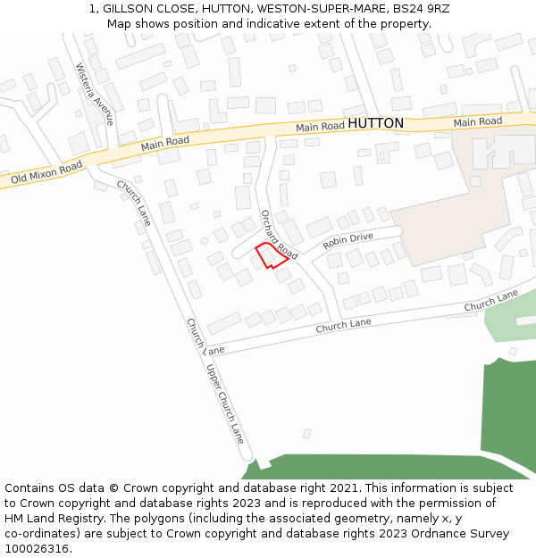 1, GILLSON CLOSE, HUTTON, WESTON-SUPER-MARE, BS24 9RZ: Location map and indicative extent of plot