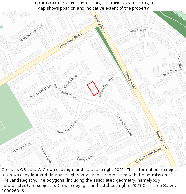 1, GIRTON CRESCENT, HARTFORD, HUNTINGDON, PE29 1QH: Location map and indicative extent of plot