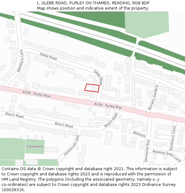 1, GLEBE ROAD, PURLEY ON THAMES, READING, RG8 8DP: Location map and indicative extent of plot