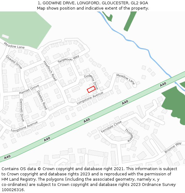 1, GODWINE DRIVE, LONGFORD, GLOUCESTER, GL2 9GA: Location map and indicative extent of plot