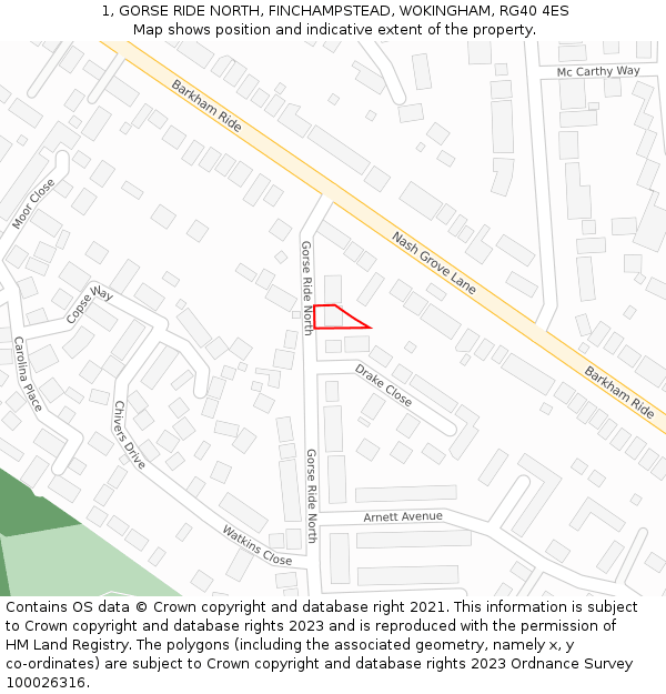 1, GORSE RIDE NORTH, FINCHAMPSTEAD, WOKINGHAM, RG40 4ES: Location map and indicative extent of plot