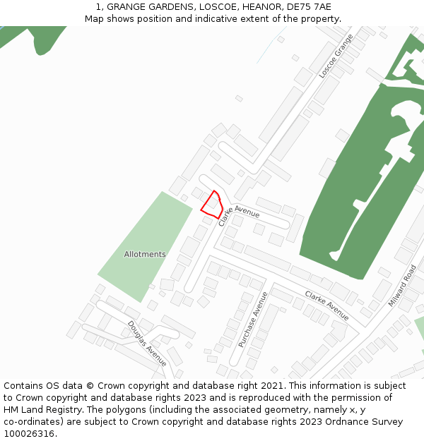 1, GRANGE GARDENS, LOSCOE, HEANOR, DE75 7AE: Location map and indicative extent of plot