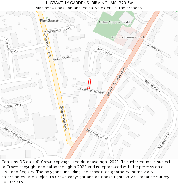 1, GRAVELLY GARDENS, BIRMINGHAM, B23 5WJ: Location map and indicative extent of plot