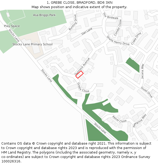 1, GREBE CLOSE, BRADFORD, BD6 3XN: Location map and indicative extent of plot