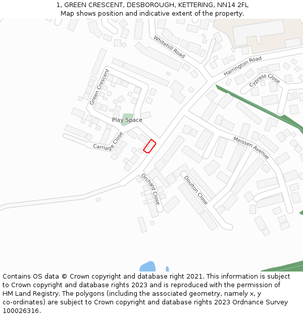 1, GREEN CRESCENT, DESBOROUGH, KETTERING, NN14 2FL: Location map and indicative extent of plot