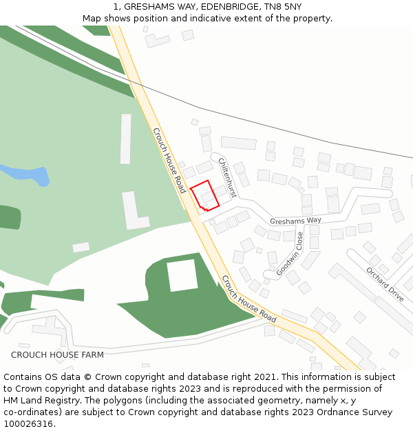 1, GRESHAMS WAY, EDENBRIDGE, TN8 5NY: Location map and indicative extent of plot