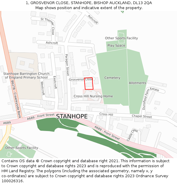 1, GROSVENOR CLOSE, STANHOPE, BISHOP AUCKLAND, DL13 2QA: Location map and indicative extent of plot