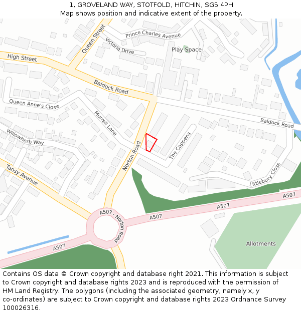 1, GROVELAND WAY, STOTFOLD, HITCHIN, SG5 4PH: Location map and indicative extent of plot