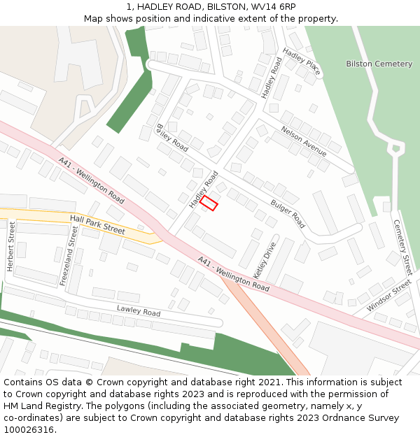 1, HADLEY ROAD, BILSTON, WV14 6RP: Location map and indicative extent of plot