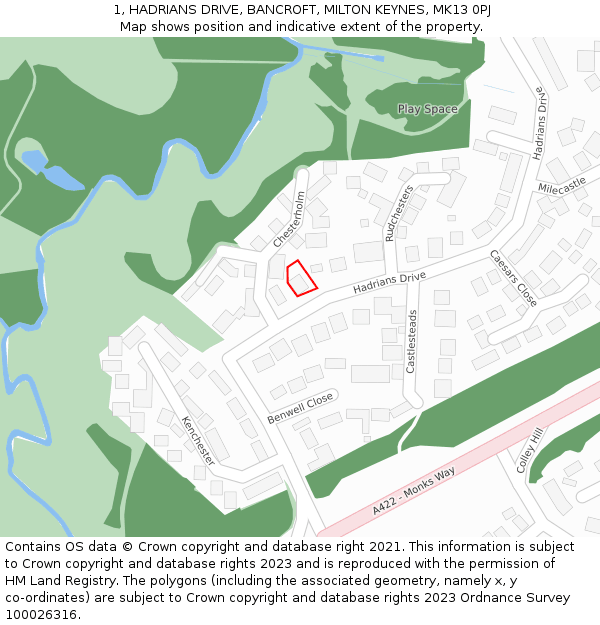 1, HADRIANS DRIVE, BANCROFT, MILTON KEYNES, MK13 0PJ: Location map and indicative extent of plot