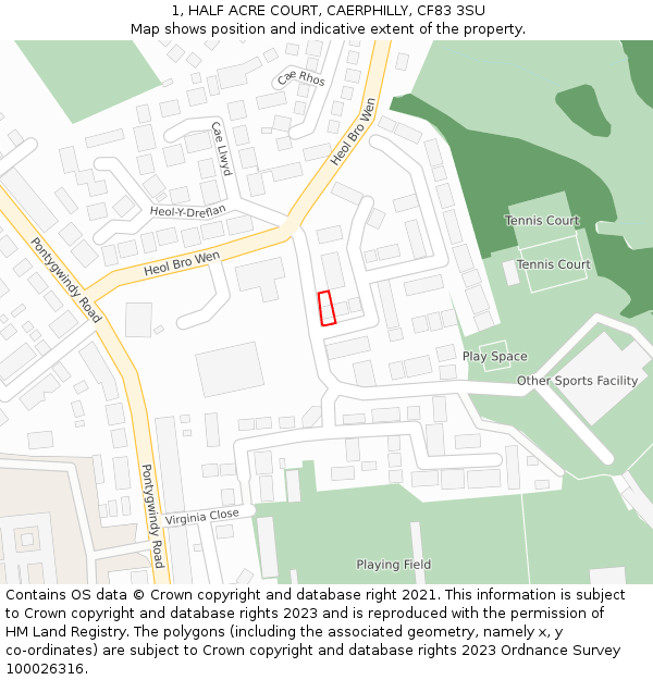 1, HALF ACRE COURT, CAERPHILLY, CF83 3SU: Location map and indicative extent of plot