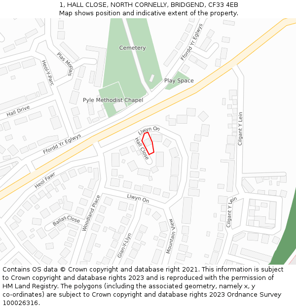 1, HALL CLOSE, NORTH CORNELLY, BRIDGEND, CF33 4EB: Location map and indicative extent of plot