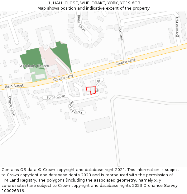 1, HALL CLOSE, WHELDRAKE, YORK, YO19 6GB: Location map and indicative extent of plot