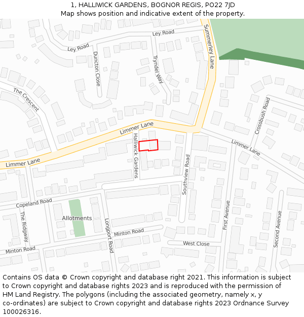 1, HALLIWICK GARDENS, BOGNOR REGIS, PO22 7JD: Location map and indicative extent of plot