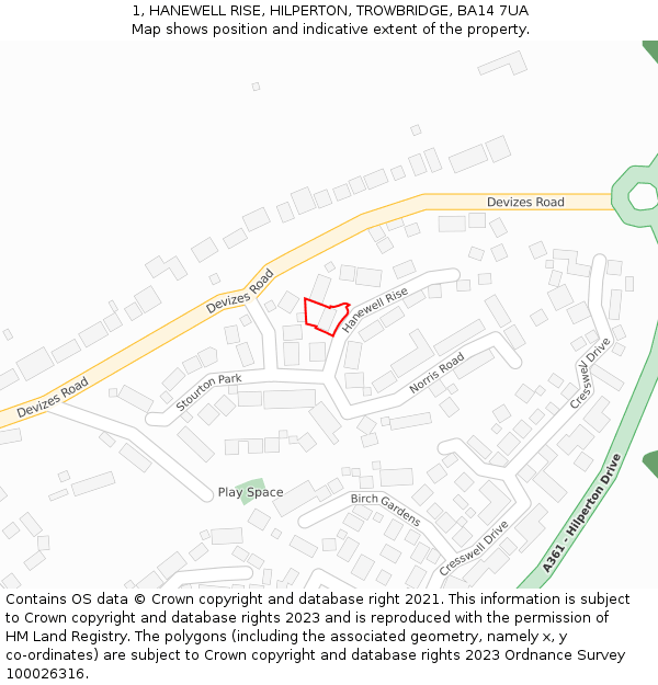 1, HANEWELL RISE, HILPERTON, TROWBRIDGE, BA14 7UA: Location map and indicative extent of plot