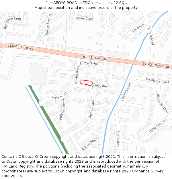 1, HARDYS ROAD, HEDON, HULL, HU12 8QU: Location map and indicative extent of plot