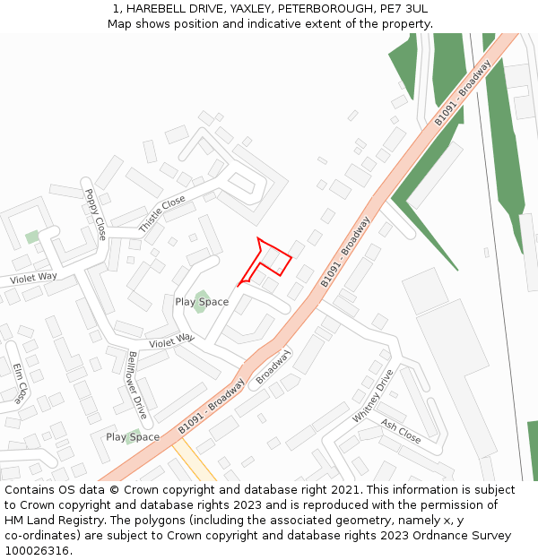 1, HAREBELL DRIVE, YAXLEY, PETERBOROUGH, PE7 3UL: Location map and indicative extent of plot