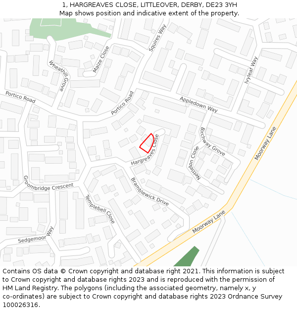 1, HARGREAVES CLOSE, LITTLEOVER, DERBY, DE23 3YH: Location map and indicative extent of plot