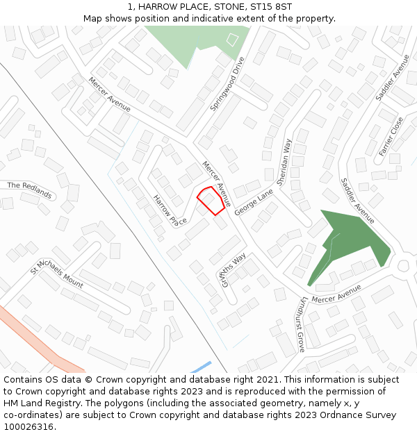 1, HARROW PLACE, STONE, ST15 8ST: Location map and indicative extent of plot