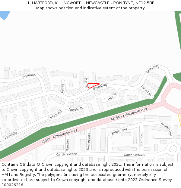 1, HARTFORD, KILLINGWORTH, NEWCASTLE UPON TYNE, NE12 5BR: Location map and indicative extent of plot