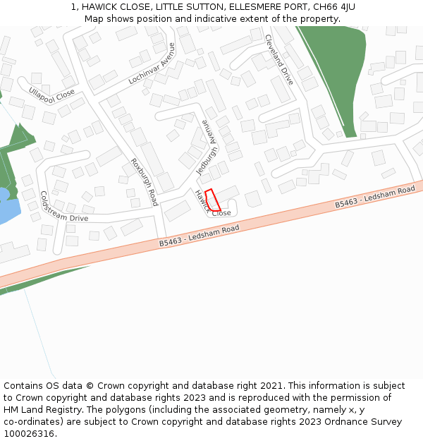 1, HAWICK CLOSE, LITTLE SUTTON, ELLESMERE PORT, CH66 4JU: Location map and indicative extent of plot