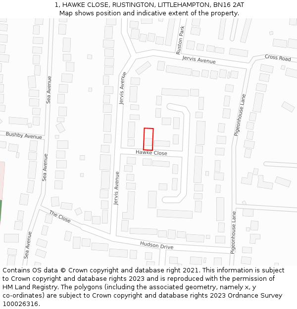 1, HAWKE CLOSE, RUSTINGTON, LITTLEHAMPTON, BN16 2AT: Location map and indicative extent of plot