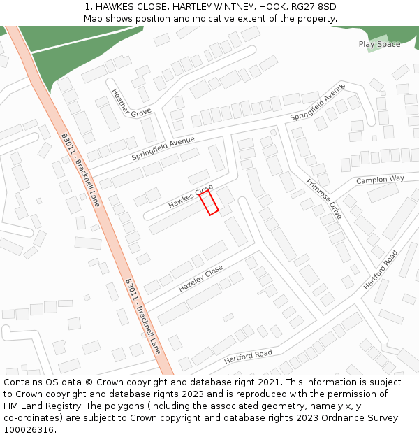 1, HAWKES CLOSE, HARTLEY WINTNEY, HOOK, RG27 8SD: Location map and indicative extent of plot