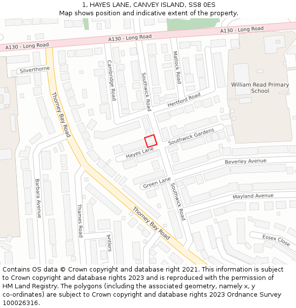 1, HAYES LANE, CANVEY ISLAND, SS8 0ES: Location map and indicative extent of plot