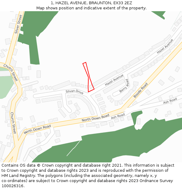 1, HAZEL AVENUE, BRAUNTON, EX33 2EZ: Location map and indicative extent of plot