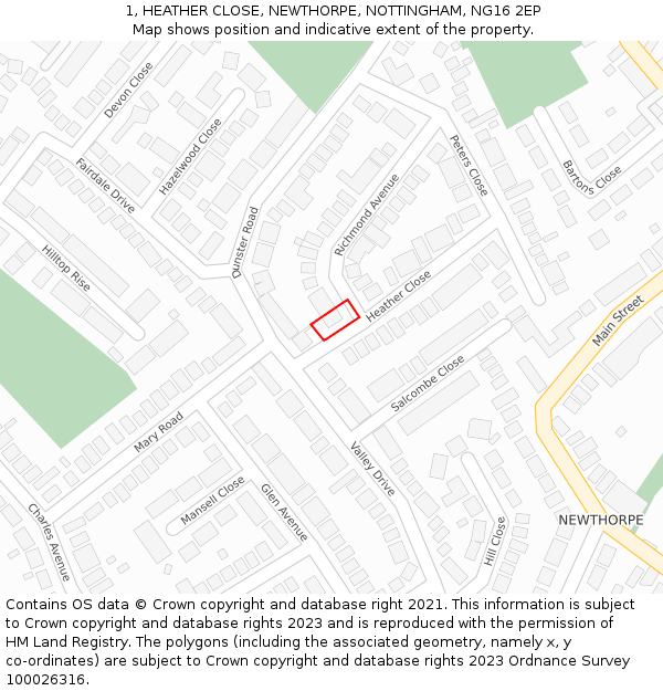 1, HEATHER CLOSE, NEWTHORPE, NOTTINGHAM, NG16 2EP: Location map and indicative extent of plot