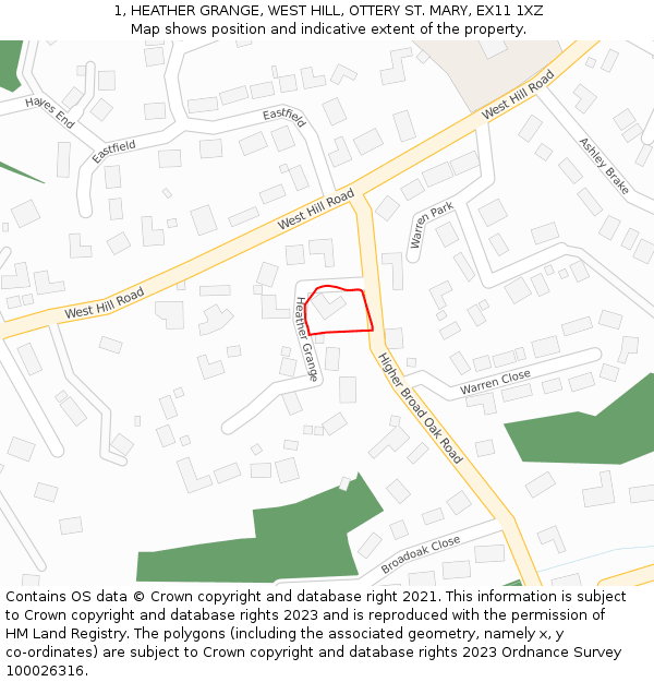 1, HEATHER GRANGE, WEST HILL, OTTERY ST MARY, EX11 1XZ: Location map and indicative extent of plot