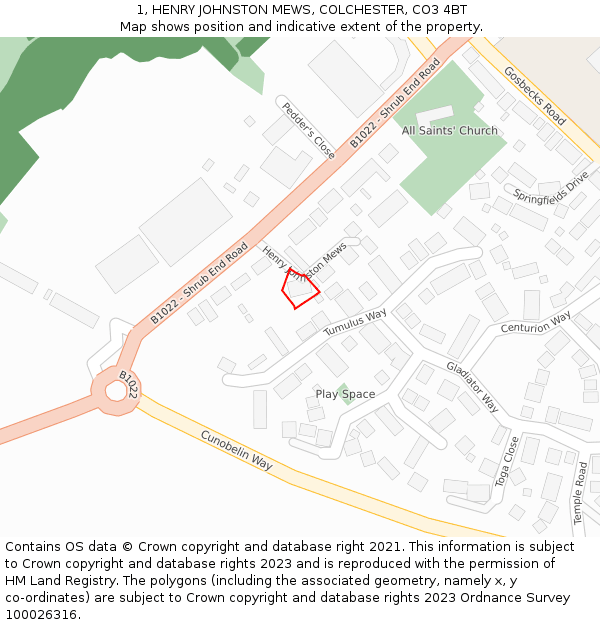 1, HENRY JOHNSTON MEWS, COLCHESTER, CO3 4BT: Location map and indicative extent of plot