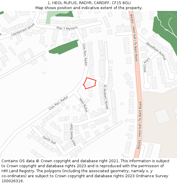 1, HEOL RUFUS, RADYR, CARDIFF, CF15 8GU: Location map and indicative extent of plot