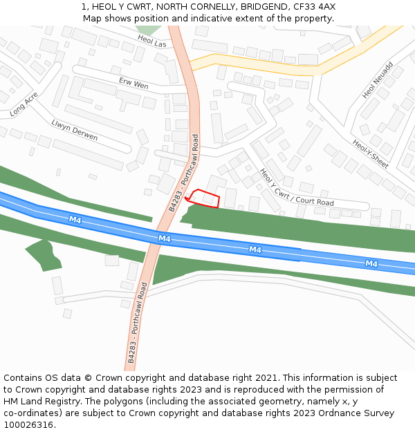 1, HEOL Y CWRT, NORTH CORNELLY, BRIDGEND, CF33 4AX: Location map and indicative extent of plot