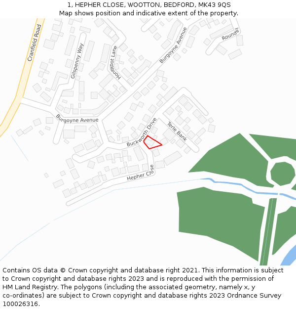 1, HEPHER CLOSE, WOOTTON, BEDFORD, MK43 9QS: Location map and indicative extent of plot