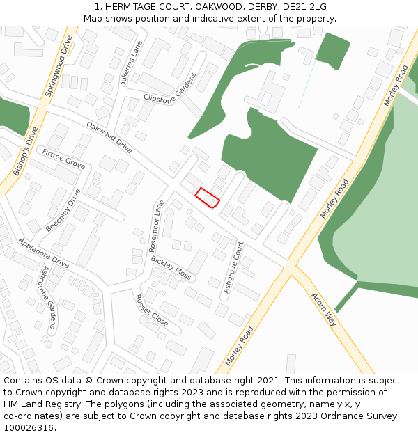 1, HERMITAGE COURT, OAKWOOD, DERBY, DE21 2LG: Location map and indicative extent of plot