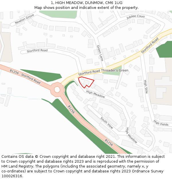 1, HIGH MEADOW, DUNMOW, CM6 1UG: Location map and indicative extent of plot