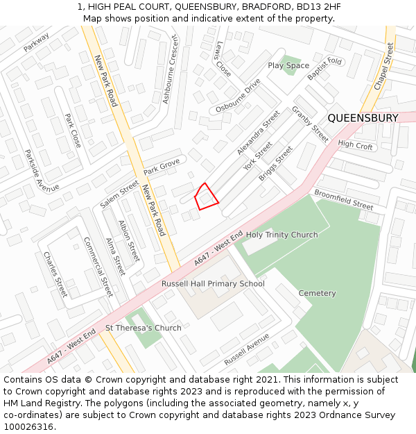 1, HIGH PEAL COURT, QUEENSBURY, BRADFORD, BD13 2HF: Location map and indicative extent of plot