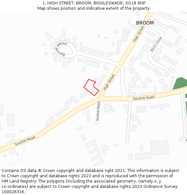 1, HIGH STREET, BROOM, BIGGLESWADE, SG18 9NP: Location map and indicative extent of plot