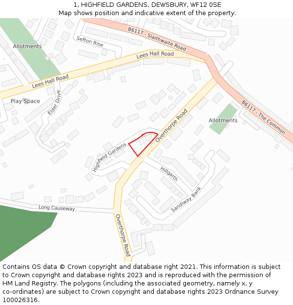 1, HIGHFIELD GARDENS, DEWSBURY, WF12 0SE: Location map and indicative extent of plot