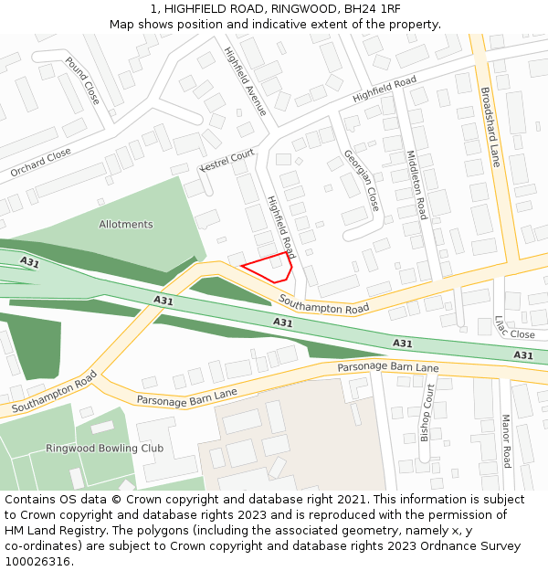 1, HIGHFIELD ROAD, RINGWOOD, BH24 1RF: Location map and indicative extent of plot