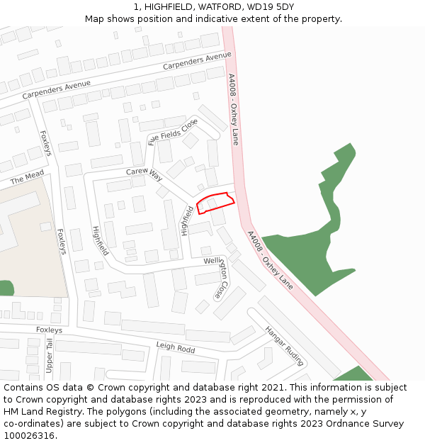 1, HIGHFIELD, WATFORD, WD19 5DY: Location map and indicative extent of plot