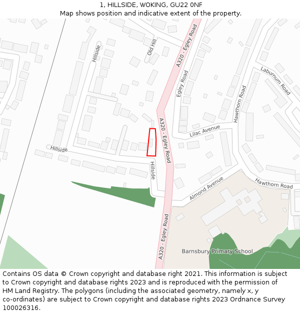 1, HILLSIDE, WOKING, GU22 0NF: Location map and indicative extent of plot