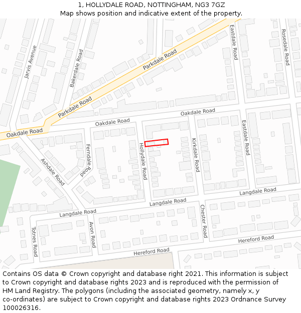 1, HOLLYDALE ROAD, NOTTINGHAM, NG3 7GZ: Location map and indicative extent of plot