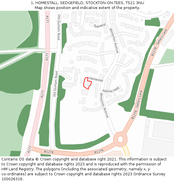 1, HOMESTALL, SEDGEFIELD, STOCKTON-ON-TEES, TS21 3NU: Location map and indicative extent of plot